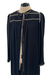 Versatile 1981 Bill Tice Full Length Black Pleated Jersey Coat w Gold Cord Detailing