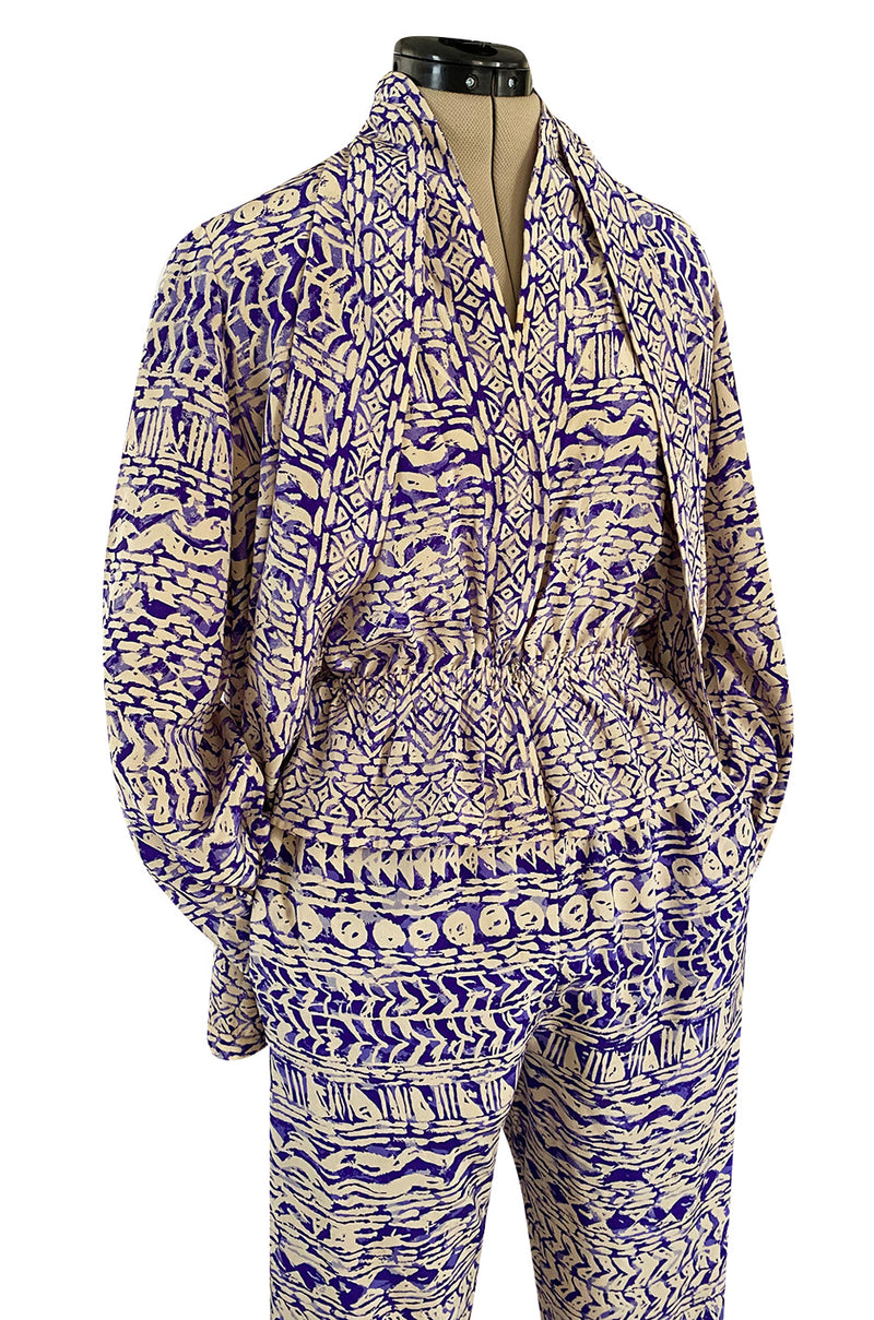Spring 1981 Halston Three Piece Silk Top Pant & Jacket Set w Purple Colour Block Print