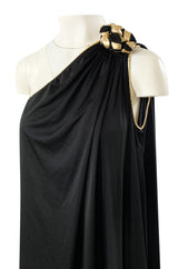 1981 Bill Tice Black One Shoulder Jersey Dress w Gold Lame Flower Detailing