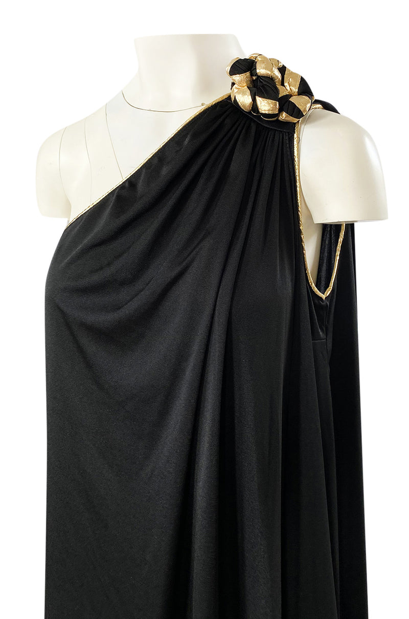 1981 Bill Tice Black One Shoulder Jersey Dress w Gold Lame Flower Detailing