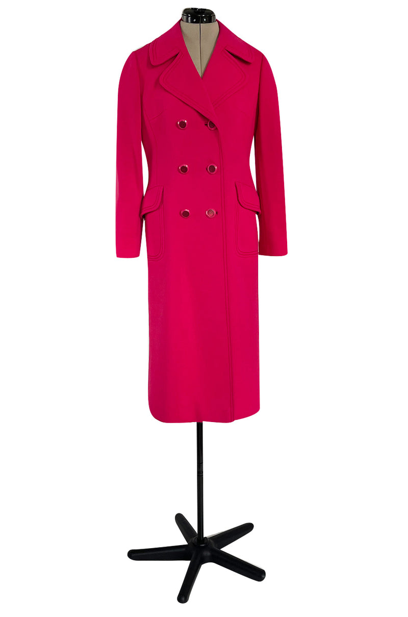 Gorgeous 1970s Unlabeled Top Stitched Knit Jersey Coat in a Bright Joyful Raspberry Coral Colour