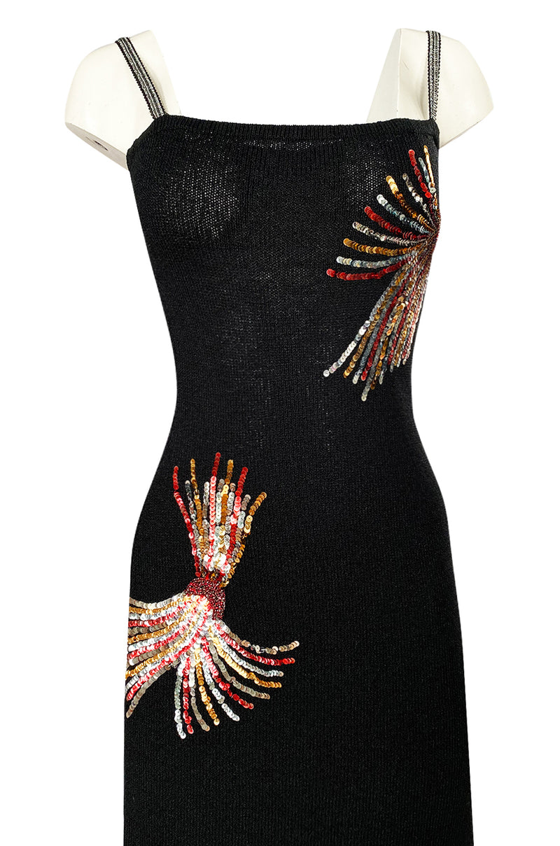 Stunning 1970s Adolfo Black Knit Detailing – & Sequin Shrimpton Couture Rhinestone w Dress