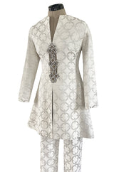 Fabulous 1960s Silver & White Brocade Tunic & Pant Set w Beaded Front Cut Out