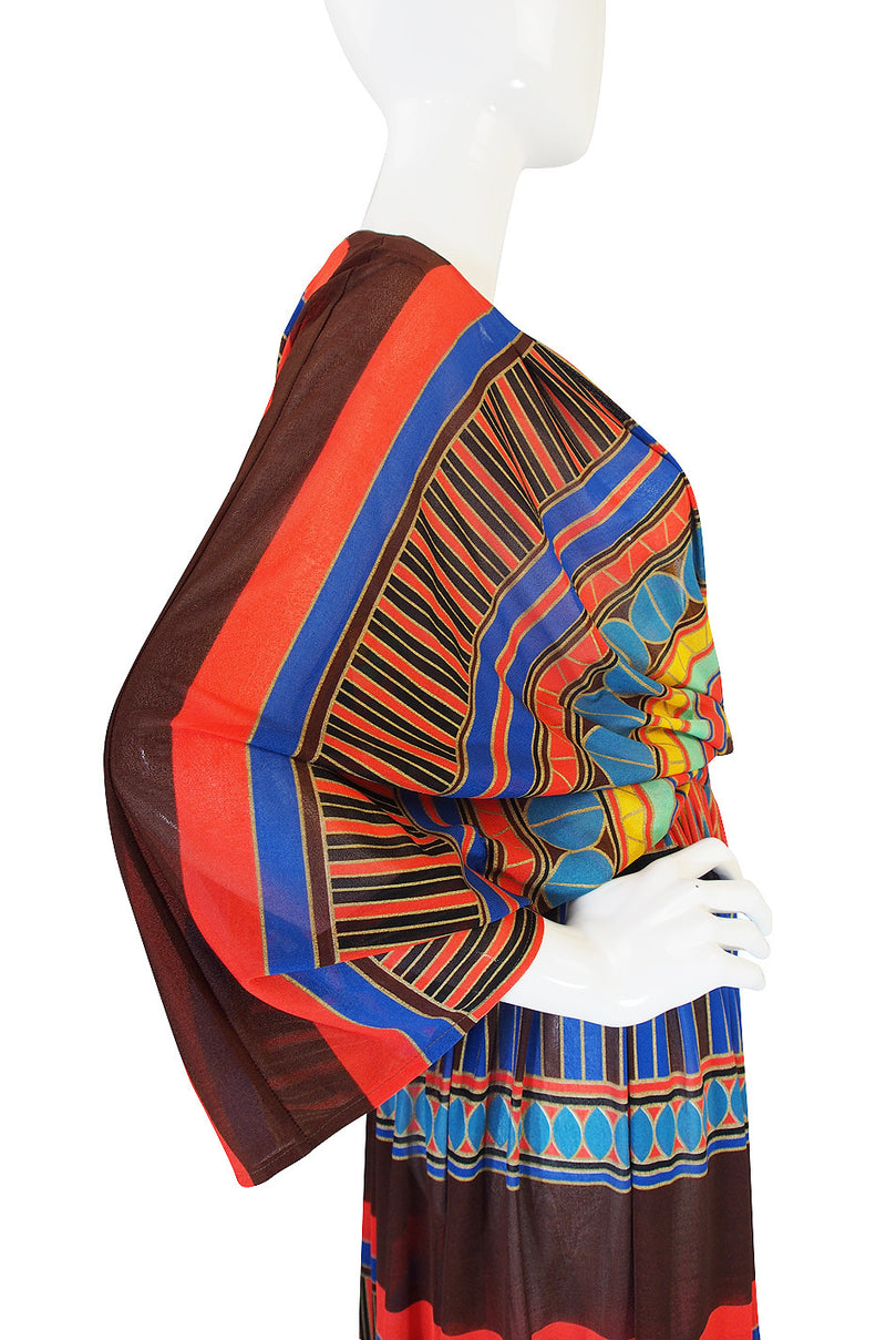 1970s Gottex Plunging Striped Wrap Caftan Dress