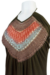 1970s Joy Stevens Embroidered Brown Jersey Halter Dress