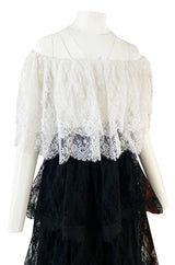 Prettiest 1970s Alfred Bosand Black & White Lace Tiered Off Shoulder Full Length Dress