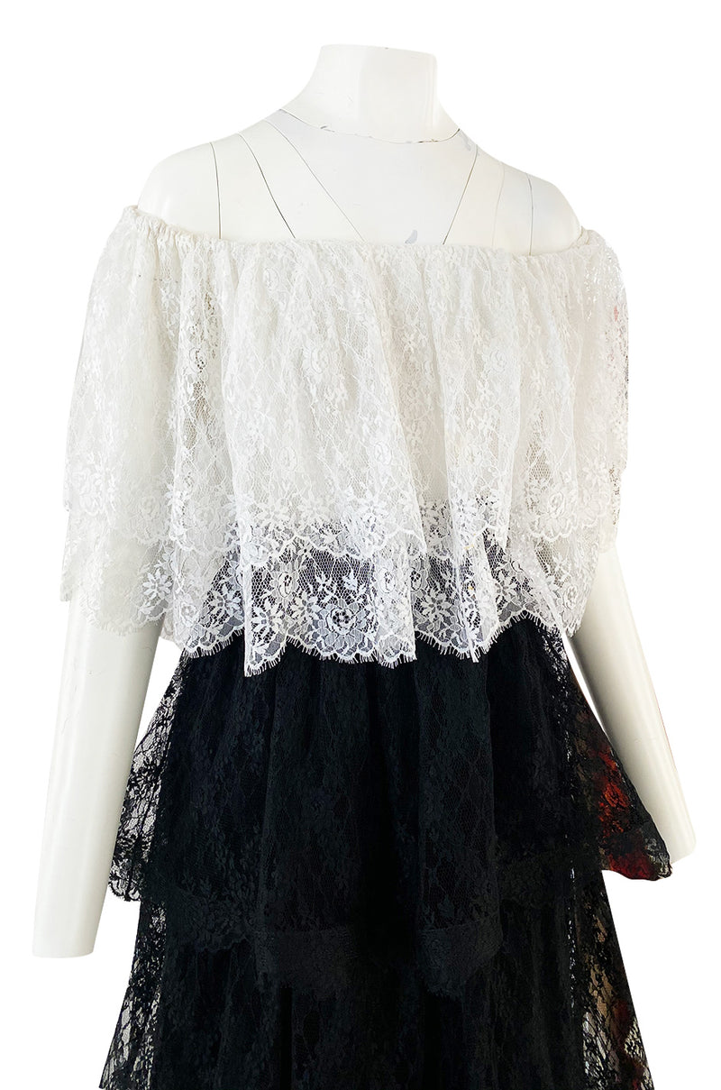 Prettiest 1970s Alfred Bosand Black & White Lace Tiered Off Shoulder Full Length Dress
