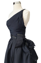 1980s Unlabeled Snakeskin Trimmed One Shoulder Mini Dress & Overskirt Set