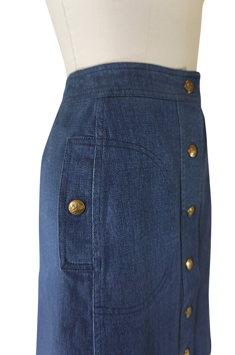 Fabulous 1970s Celine Denim Logo Snap Front Skirt