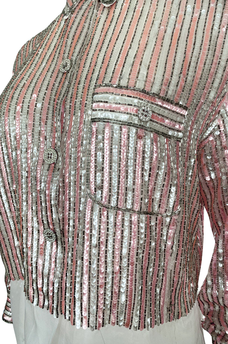 Late 1970s Oscar de la Renta Pink & Silver Sequin Top w Rhinestone Buttons