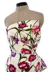Beautiful 1950s Philip Hulitar Couture Brilliant Floral on Ivory Print Silk Strapless Dress