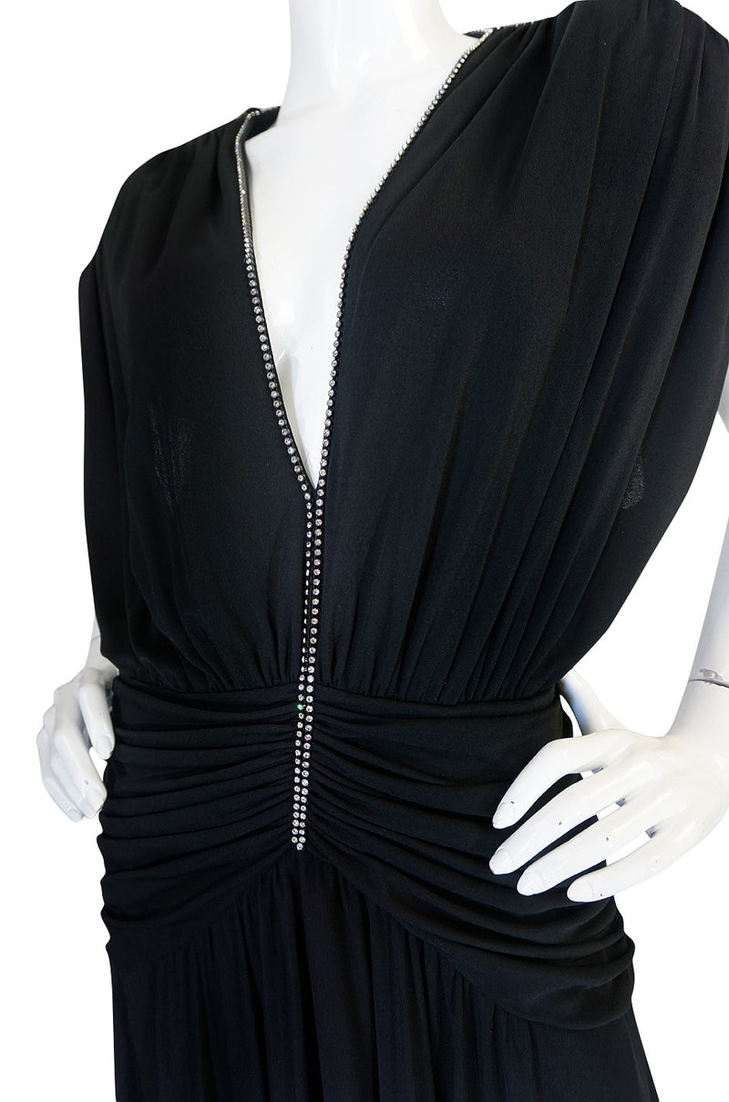 1980s Rhinestone Plunge Jersey Loris Azzaro Dress