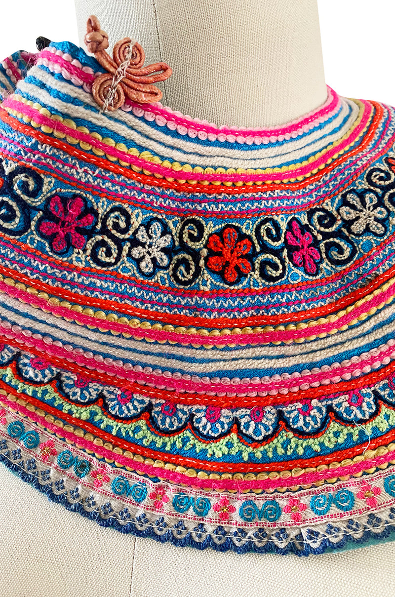 Amazing Antique Turn of the Century Hand Embroidered Colourful Cotton Collar from Laos