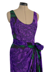 Gorgeous 1970s James Galanos Couture Purple & Green Print Silk Chiffon Dress w Draped Skirt