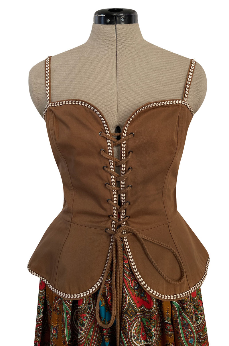 Documented Spring 1977 Yves Saint Laurent Iconic Laced Corset Top & Matching Printed Skirt