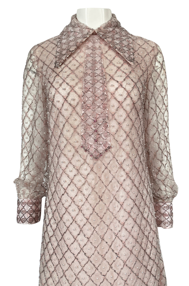 1960s Valentina Inc Pink Beaded Shift Dress w Front Collar Detailing Shrimpton Couture 1960s Valentina Inc Pink Beaded Shift Dress w Front Collar Detailing Shrimpton Couture