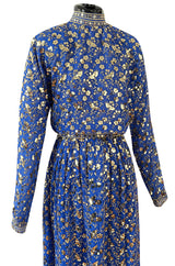 Stunnng 1980s Givenchy Gold Sequin on Blue Silk Chiffon Skirt & Top Dress Set