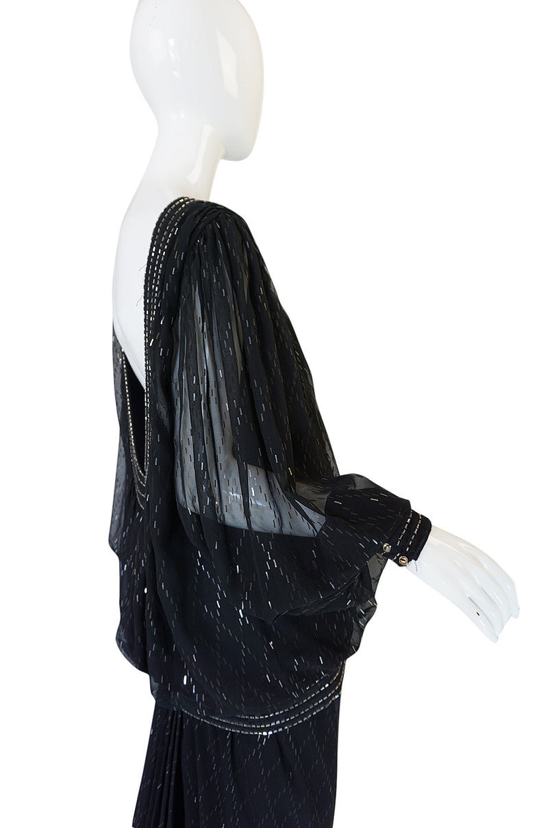 1980s Wayne Clark Backless Silver Glitter Trained Chiffon Dress
