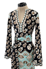 Fantastic 1970s Leonard Turquoise & Tan Fashion Silk Jersey Dress w Matching Tie Belt