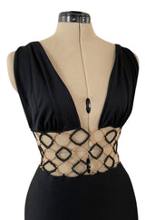 Incredible 1970s Loris Azzaro Open Gold & Black Bead Waist Dress w Halter Top & Bare Back