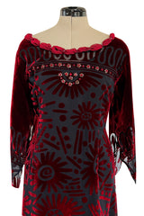 Gorgeous 1980s Zandra Rhodes Deep Red Cut Velvet Caftan Dress w Beaded Detailing