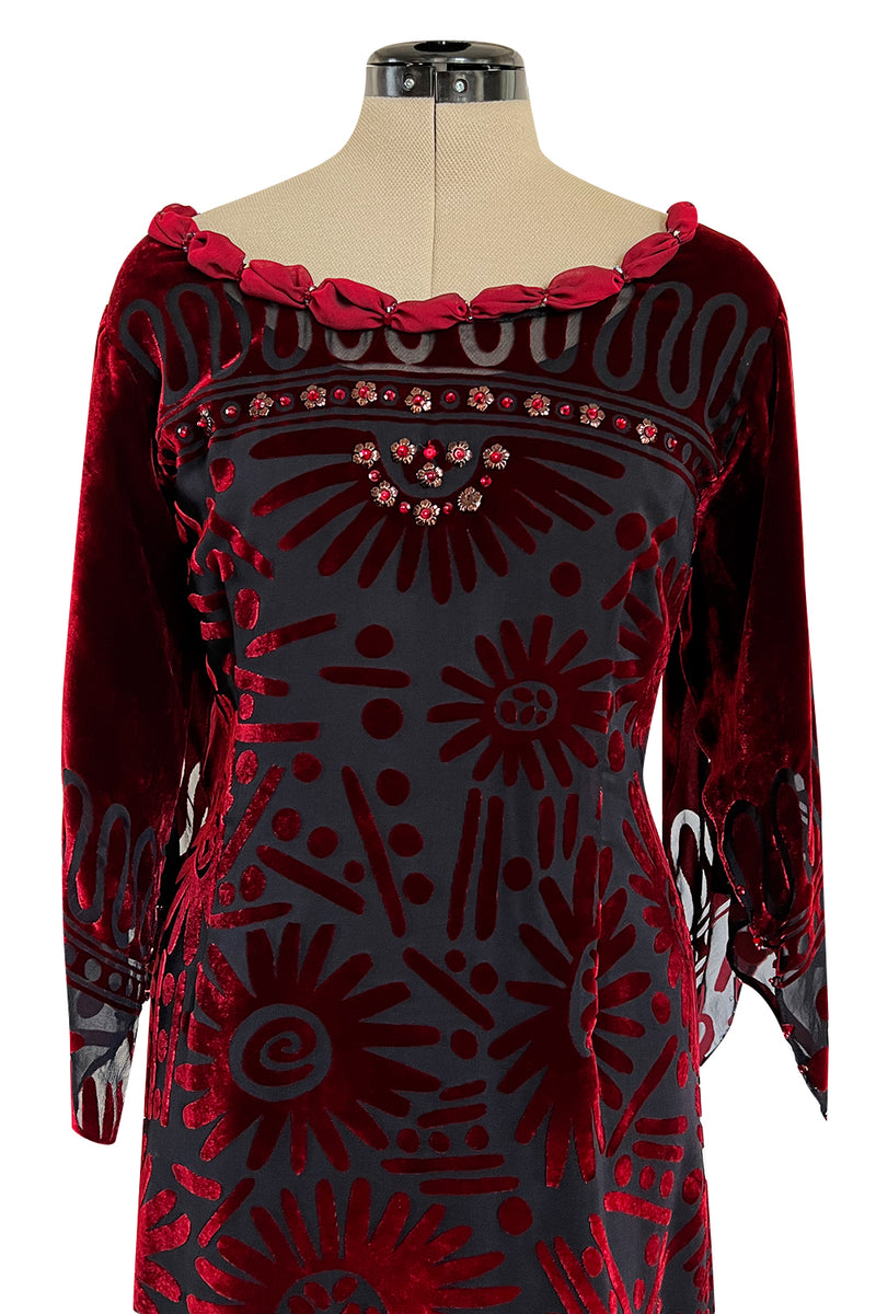 Gorgeous 1980s Zandra Rhodes Deep Red Cut Velvet Caftan Dress w Beaded Detailing