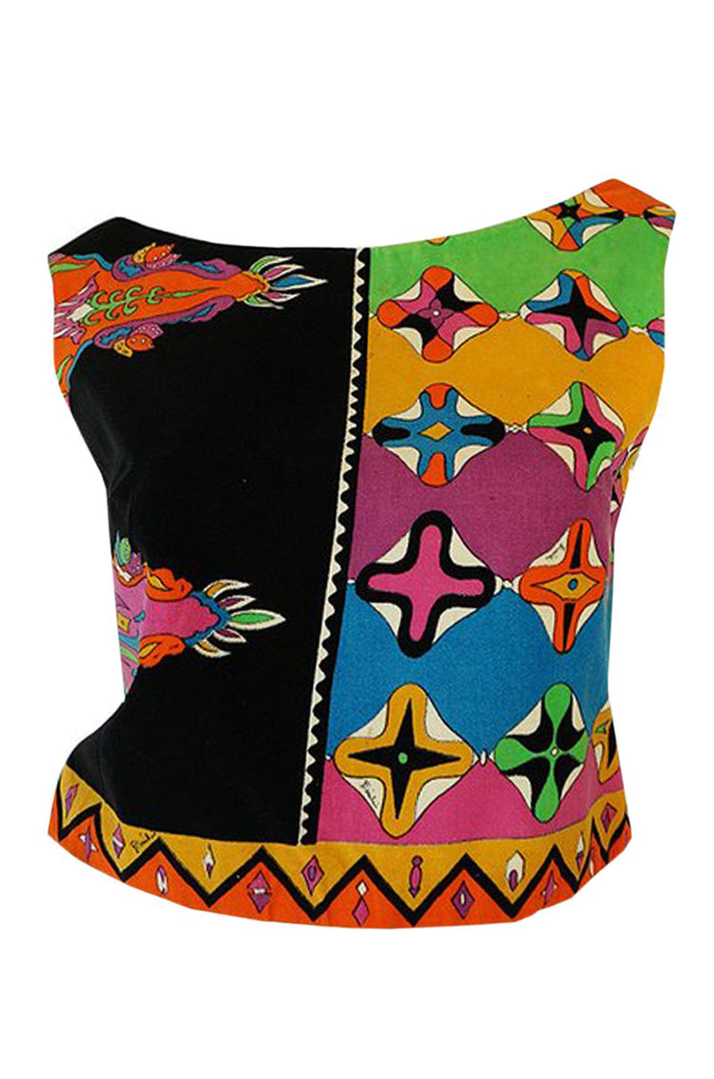 1960s Emilio Pucci Cross Print Multi-Color Sleeveless Cotton Velvet Top
