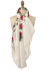 Huge 1970s Yves Saint Laurent Silk Red Rose Print Ivory Scarf