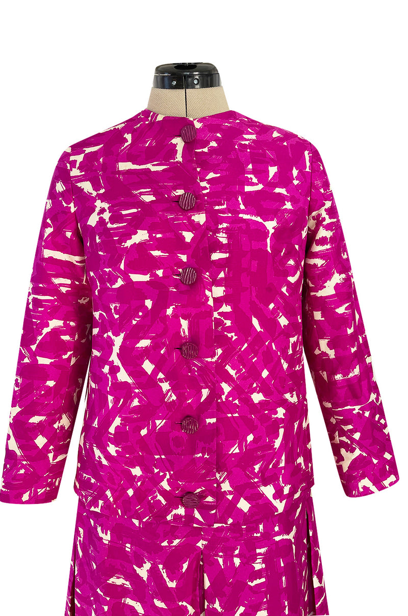 Exceptional Spring 1966 Christian Dior Haute Couture Suit by Marc Bohan In a Pink Patterned Silk Twill
