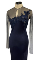 Incredible Early 2000s John Anthony Couture Blue Silk Jersey Dress w See Through Lace  Side & Bodice