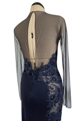 Incredible Early 2000s John Anthony Couture Blue Silk Jersey Dress w See Through Lace  Side & Bodice