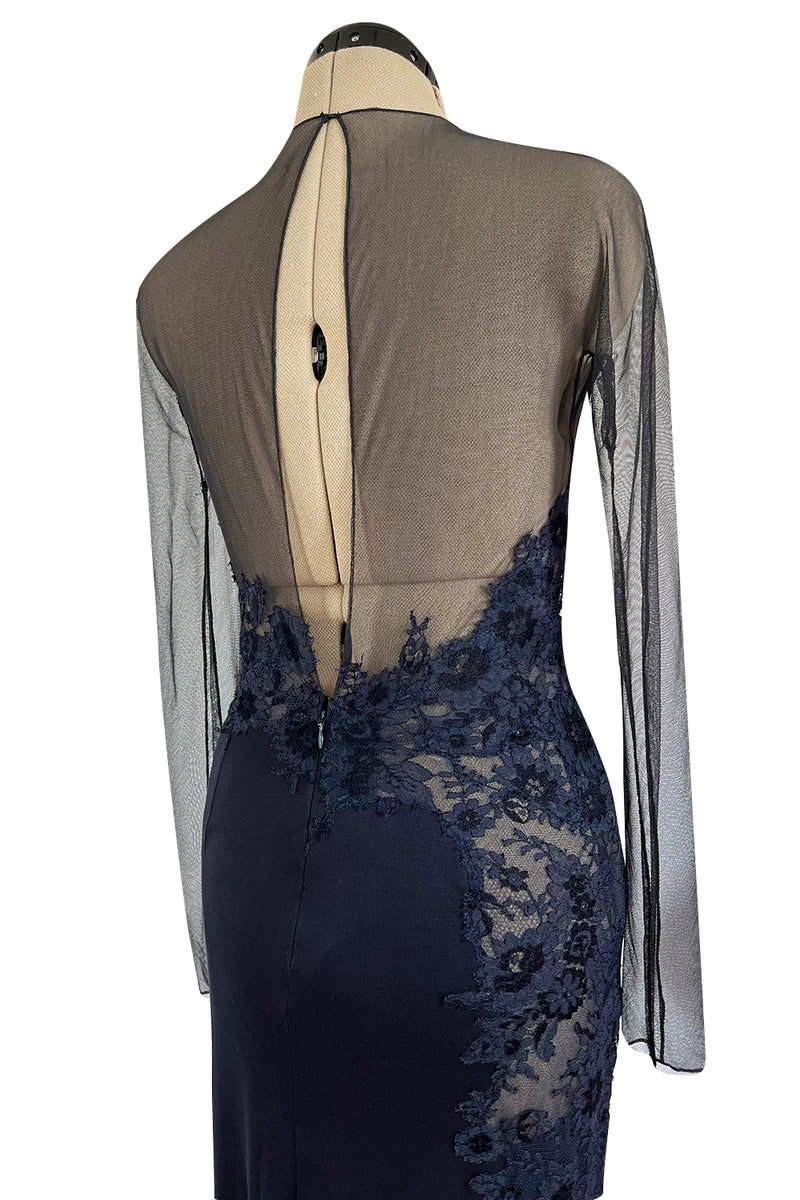 Incredible Early 2000s John Anthony Couture Blue Silk Jersey Dress w See Through Lace  Side & Bodice