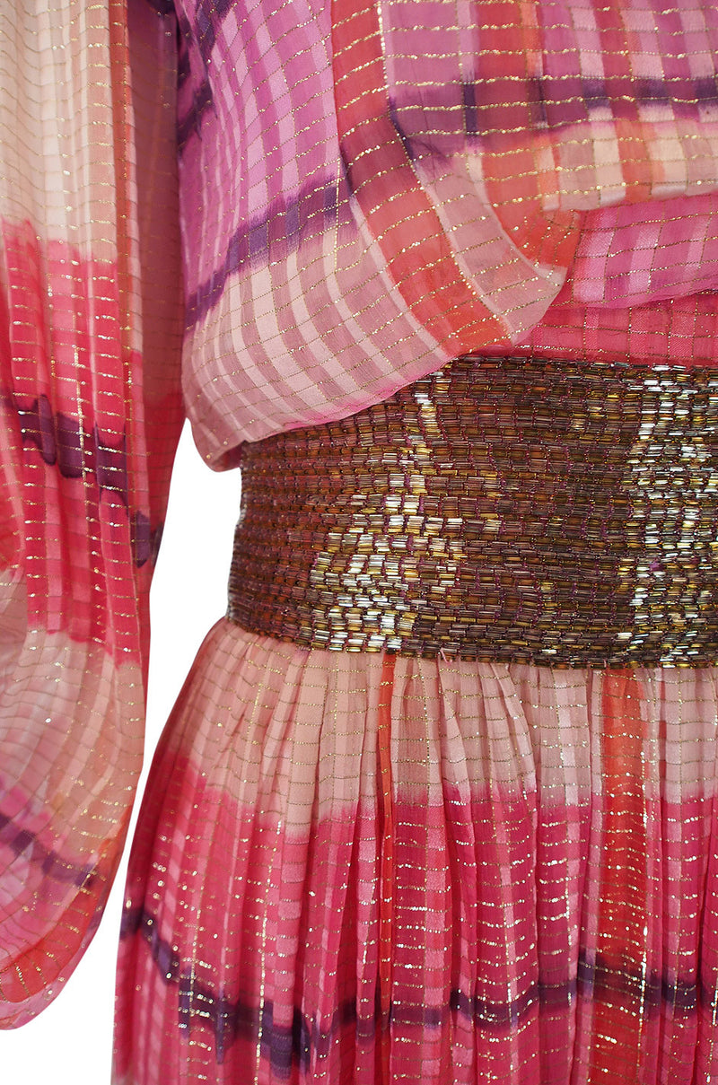 1960s Pink & Gold Silk Chiffon Dress with Silver Beading