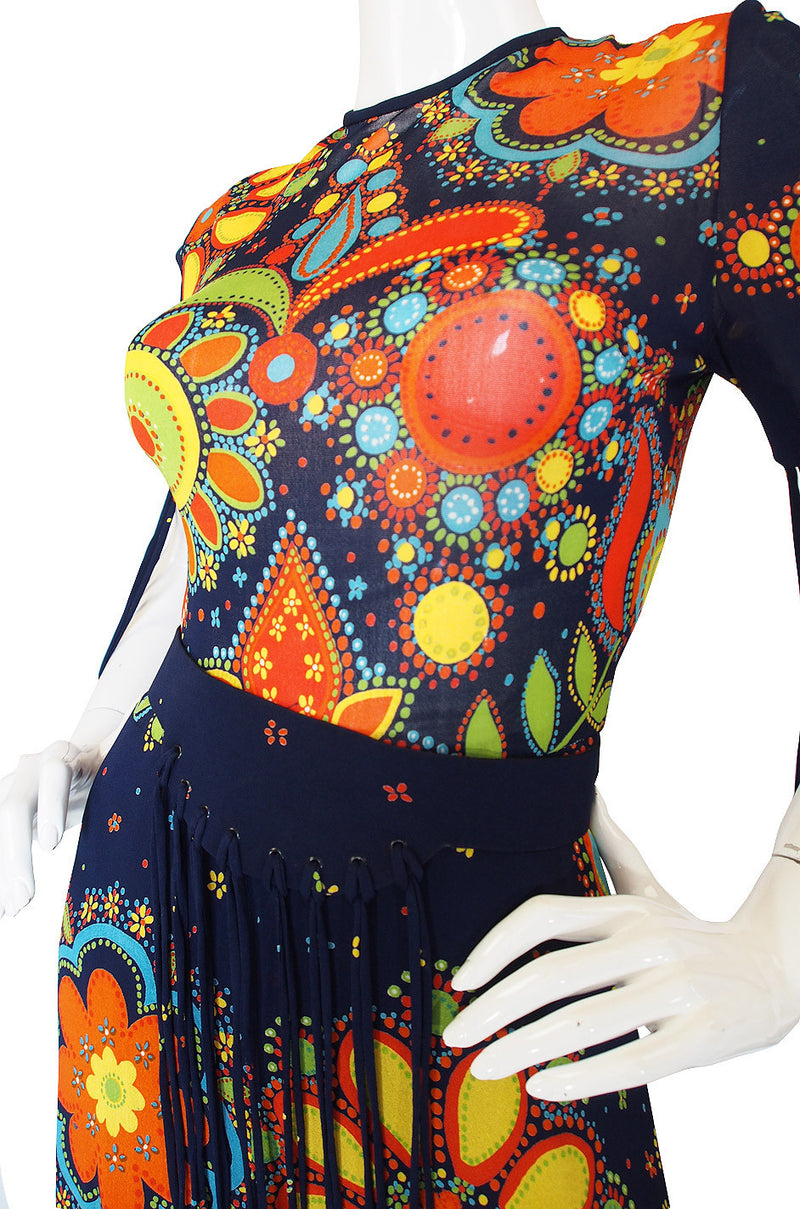 1970s Metal Tip Fringe Maxi Dress