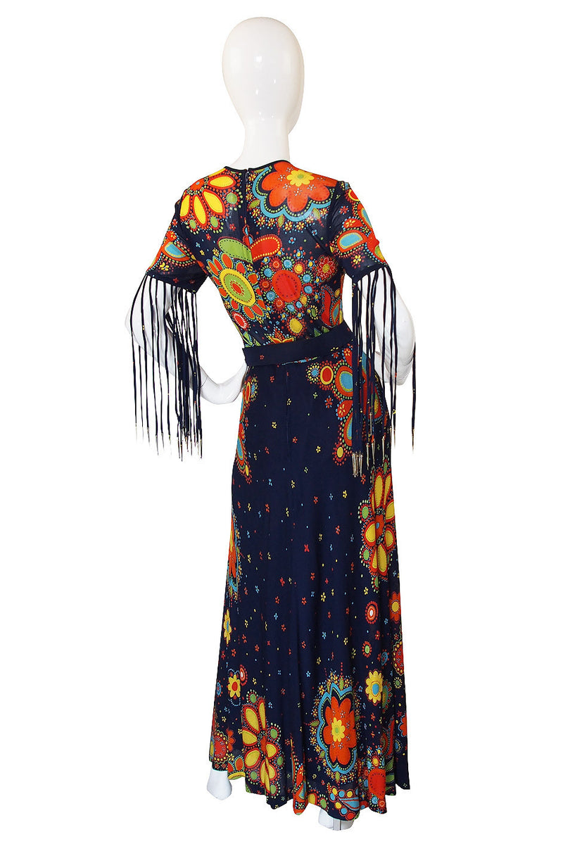 1970s Metal Tip Fringe Maxi Dress