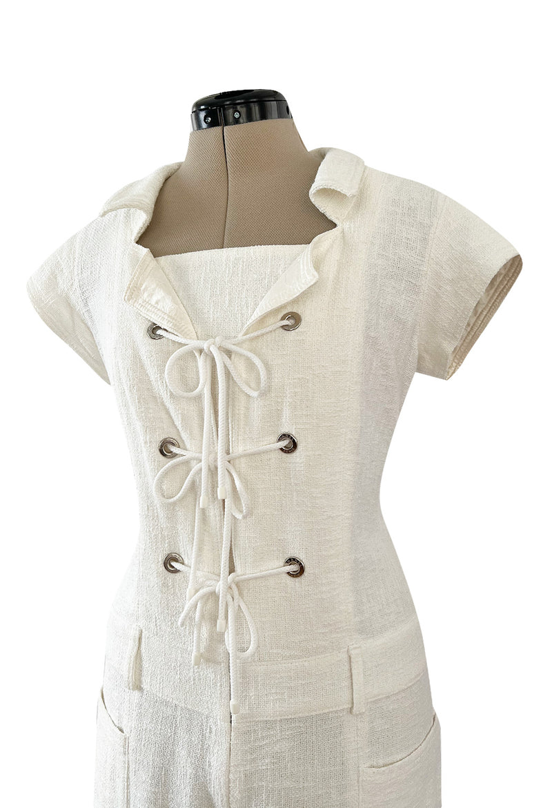 Fabulous 2007 Chanel Resort Runway Textured White Lace Front Pocket Jumpsuit
