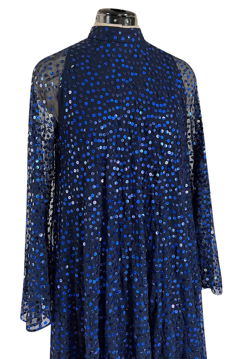 Incredible 1970-1972 Mollie Parnis Blue Sequin on Silk Chiffon Caftan Dress w Wide Sleeves