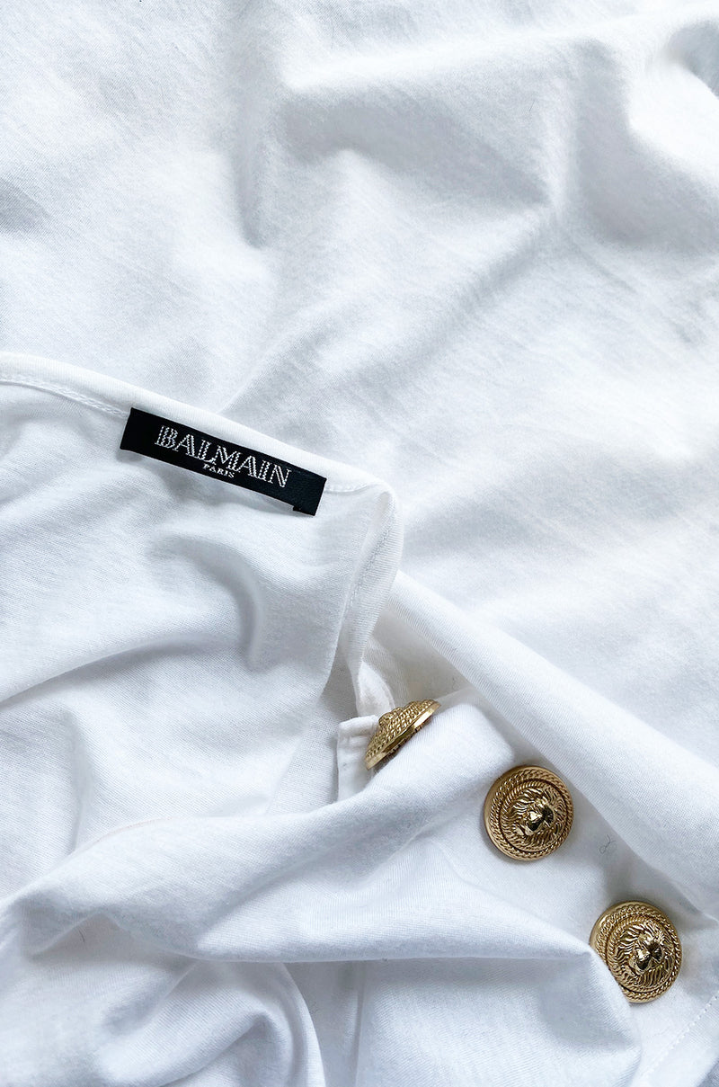 Recent Balmain Gold Logo Tee White T-Shirt with Gold Button