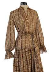 Fall 1977 Oscar De La Renta Feather Light Metallic Chiffon Dress & Extra Long Sash