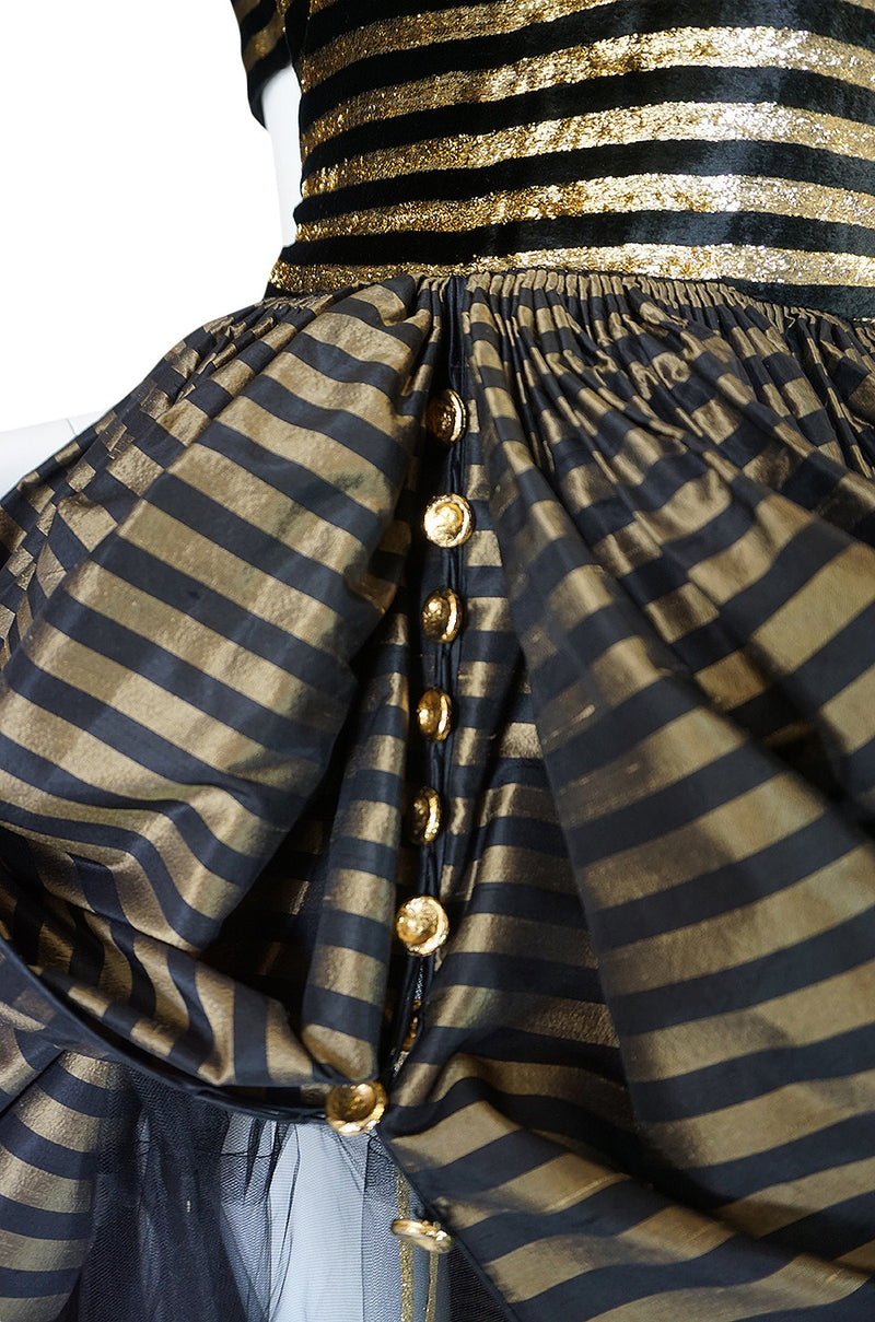 1980s James Galanos Couture Gold & Black Striped Silk Dress