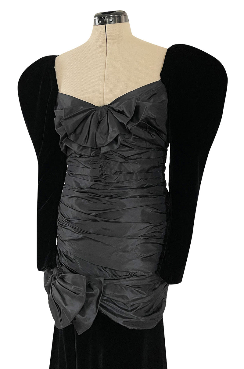 Dramatic 1980s Nina Ricci Black Velvet & Silk Taffeta Dress w Fabulous Sleeves & Slit Skirt