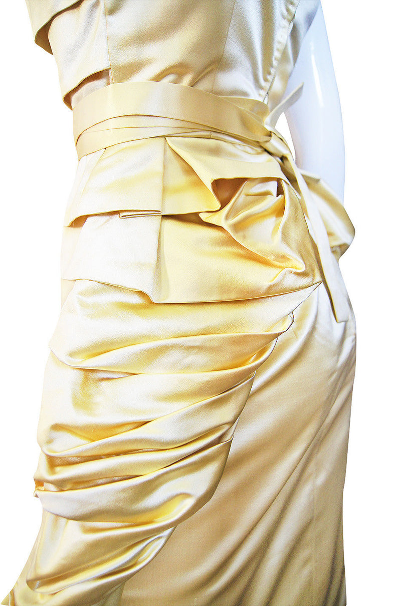 1950s Demi-Couture Pale Yellow Silk Satin Pleat Dress