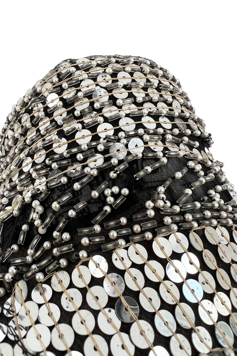 Sparkly Spring 1981 Halston Silver Sequin & Beaded Black Silk Chiffon Jacket