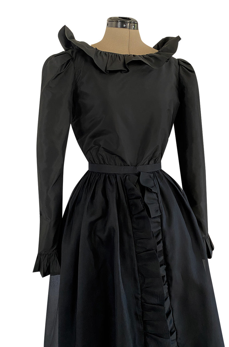 1972 Bill Blass Black Silk Taffeta Dress w Attached Silk Organza Skirt & Open Ruffled Back