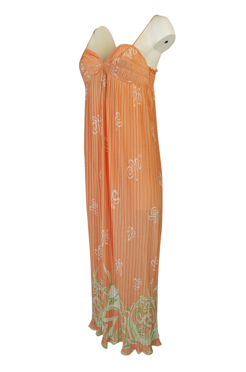 1970s Bill Tice Peach Print Halter Dress & Jacket Pleat Set