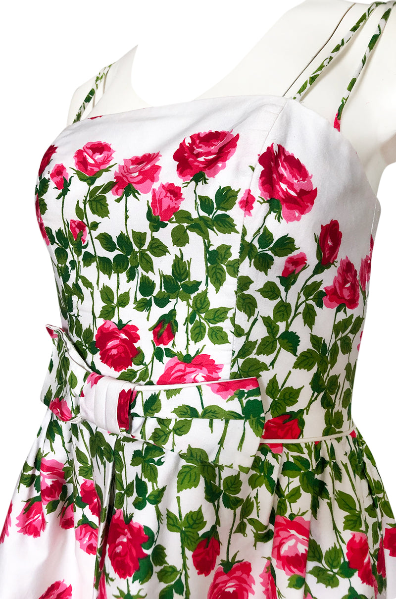 1960s Unlabeled Pink & Green Floral Print on White Cotton Dress