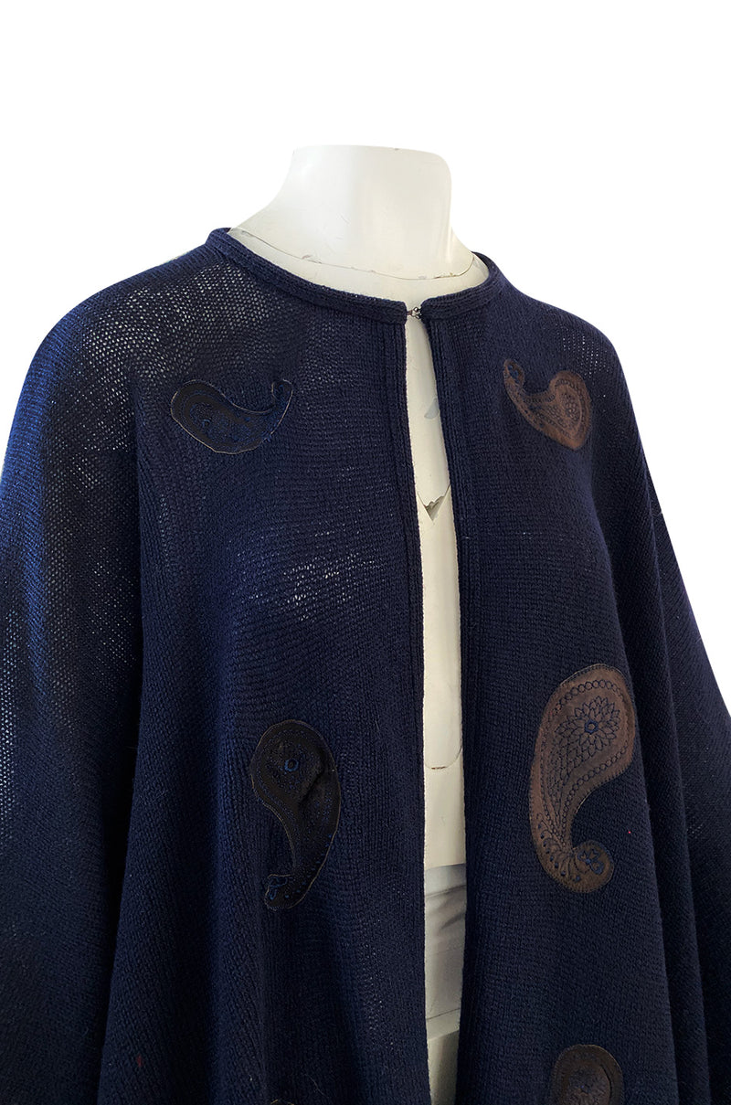 1970s Christian Dior Deep Blue Knit Poncho Cape w Leather Appliqué Work