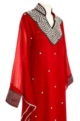 Striking 1970s Red Dotted Chiffon White Beaded Caftan Dress w Kimono Sleeves