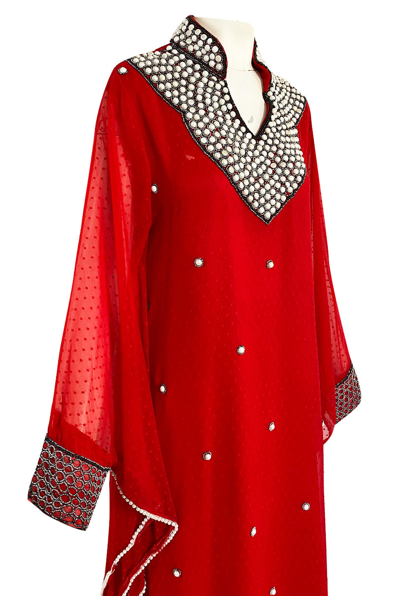 Striking 1970s Red Dotted Chiffon White Beaded Caftan Dress w Kimono Sleeves