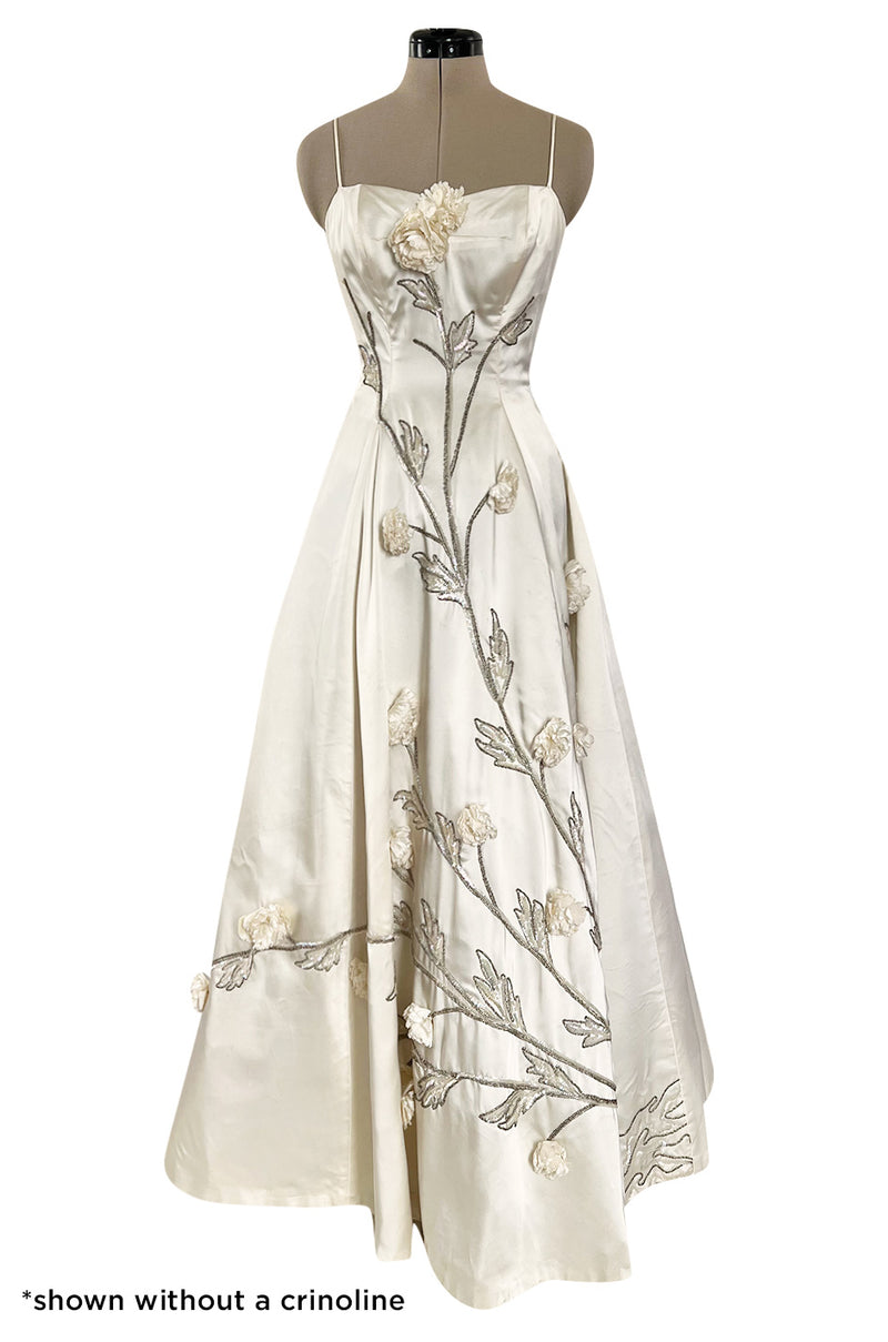 Gorgeous 1950s Emma Domb Ivory Matte Satin Dress w Sequin & 3D Flower Detailing